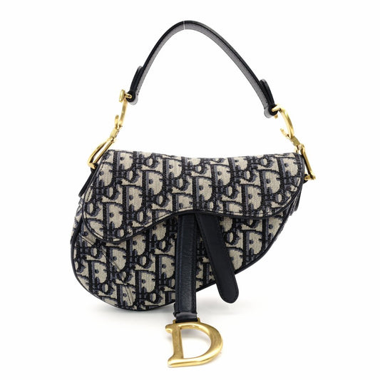 Christian Dior Saddle Bag Oblique Navy × Beige Shoulder Canvas Handbag Leather 7-11-819