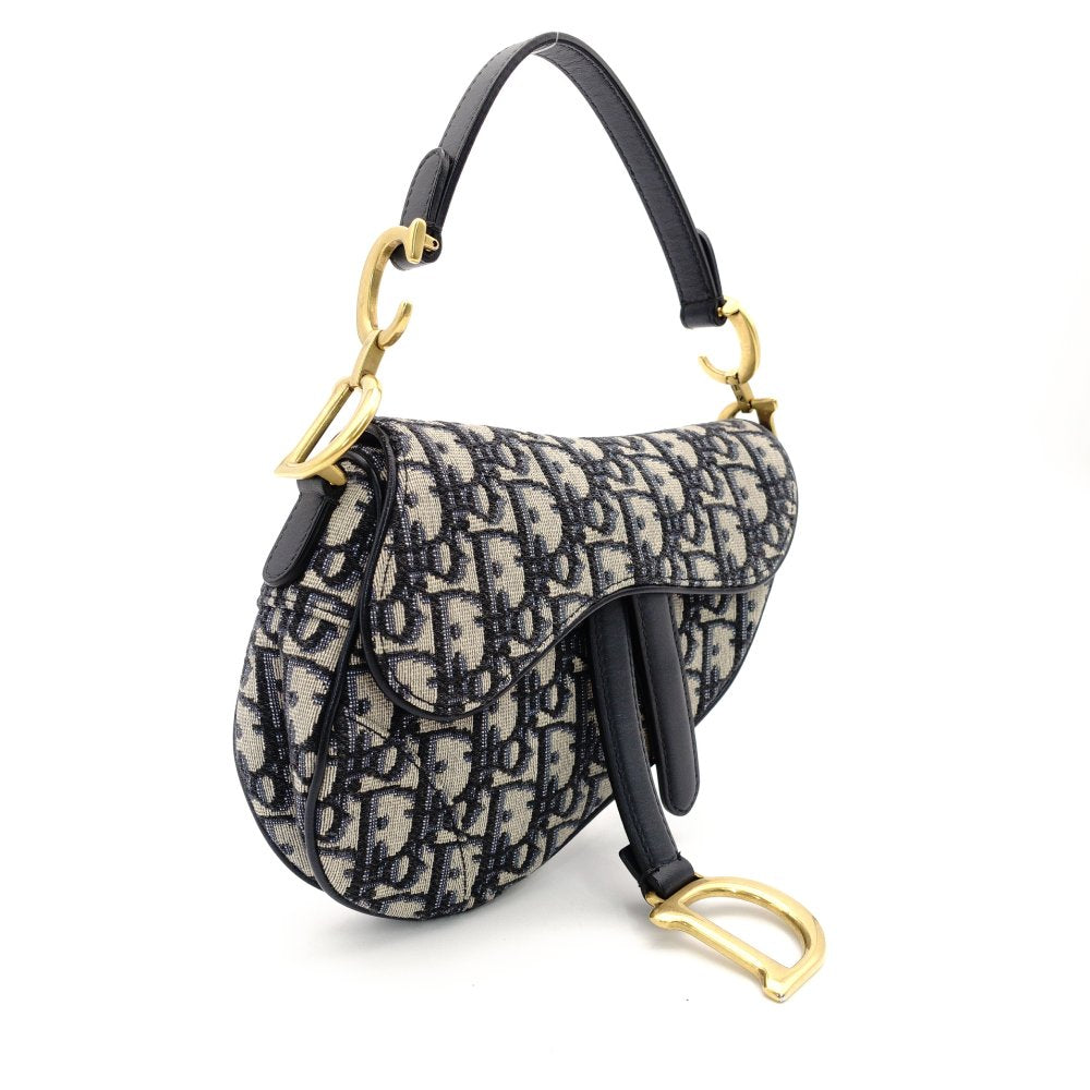 Christian Dior Saddle Bag Oblique Navy × Beige Shoulder Canvas Handbag Leather 7-11-819