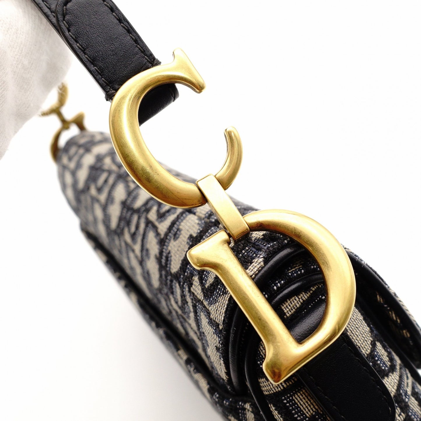 Christian Dior Saddle Bag Oblique Navy × Beige Shoulder Canvas Handbag Leather 7-11-819