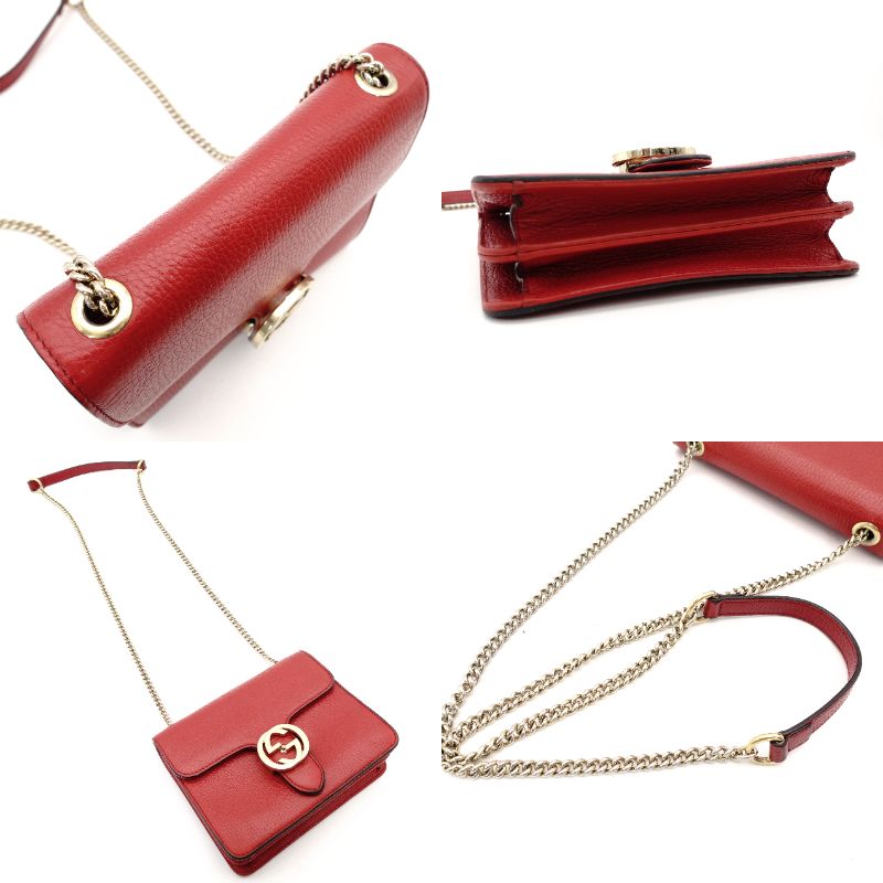 GUCCI Interlocking G Chain Shoulder Bag Red Leather Crossbody 7-10-702