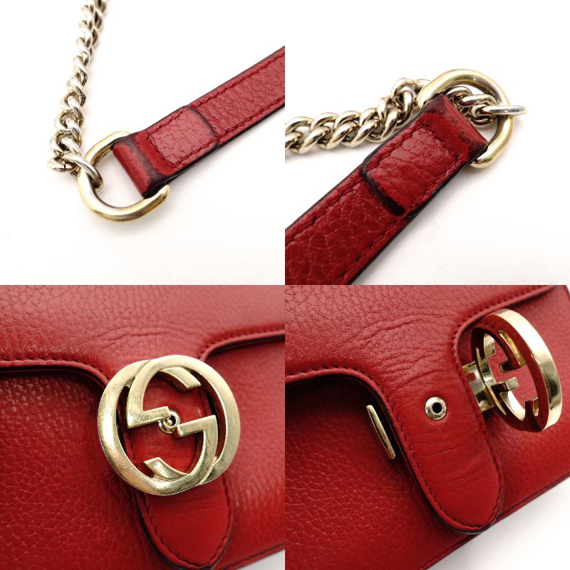 GUCCI Interlocking G Chain Shoulder Bag Red Leather Crossbody 7-10-702
