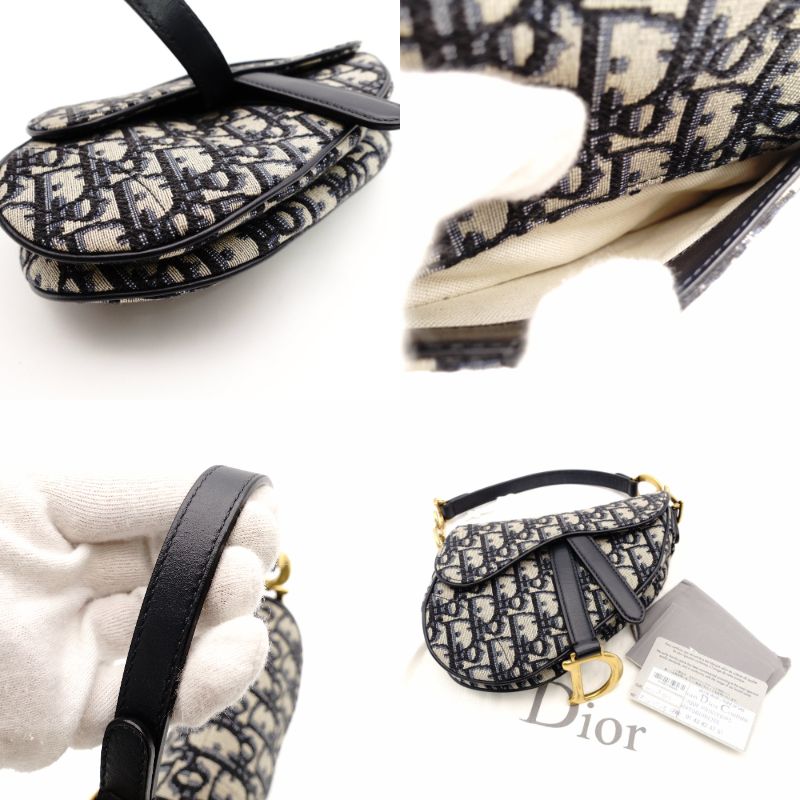 Christian Dior Saddle Bag Oblique Navy × Beige Shoulder Canvas Handbag Leather 7-11-819