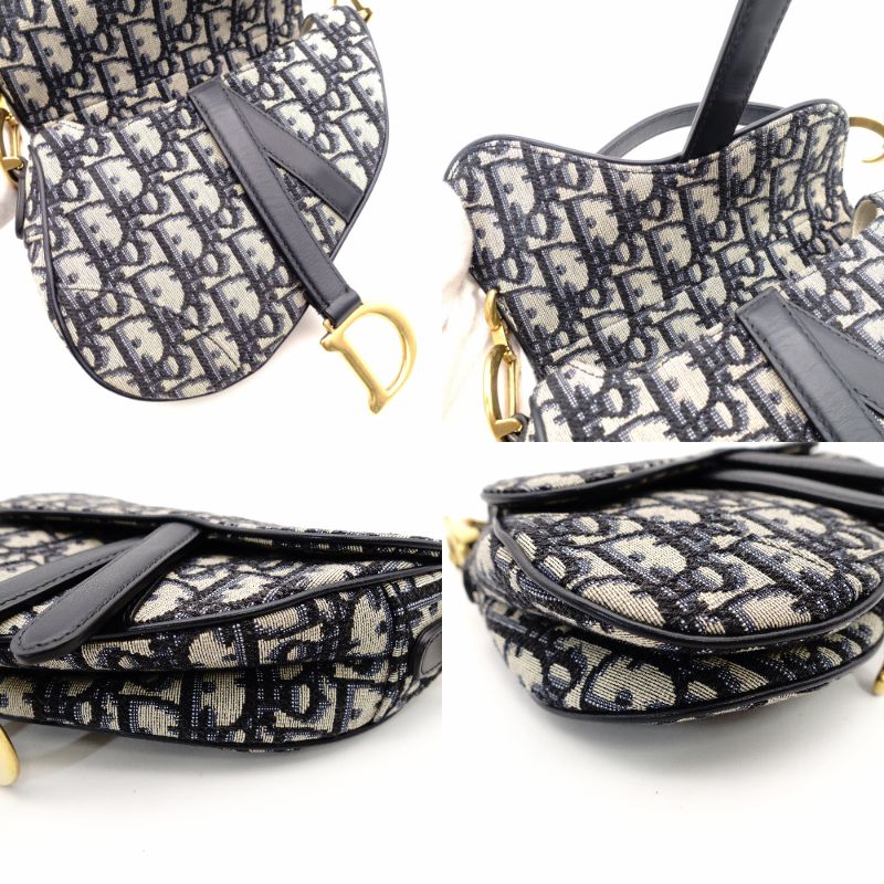 Christian Dior Saddle Bag Oblique Navy × Beige Shoulder Canvas Handbag Leather 7-11-819