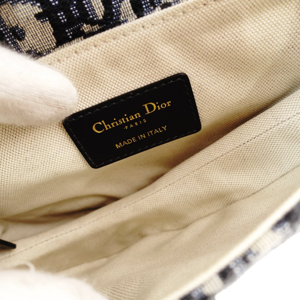 Christian Dior Saddle Bag Oblique Navy × Beige Shoulder Canvas Handbag Leather 7-11-819