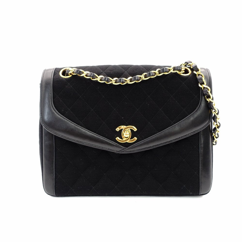 CHANEL Matelassé Chain Shoulder Bag Black Cotton Black Gold Hardware Crossbody 7-11-372