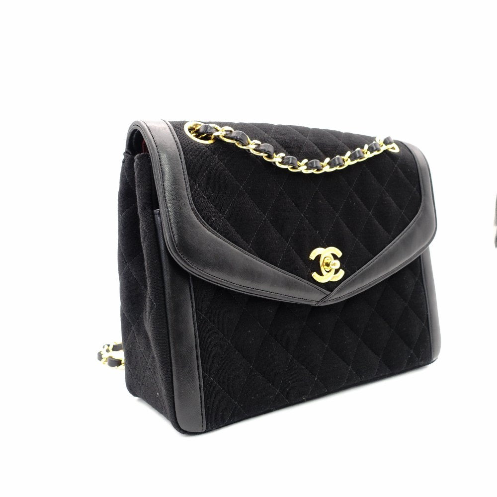 CHANEL Matelassé Chain Shoulder Bag Black Cotton Black Gold Hardware Crossbody 7-11-372