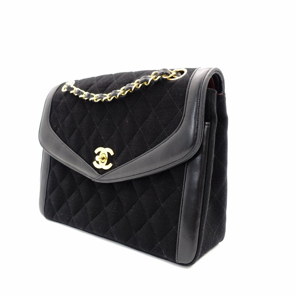 CHANEL Matelassé Chain Shoulder Bag Black Cotton Black Gold Hardware Crossbody 7-11-372