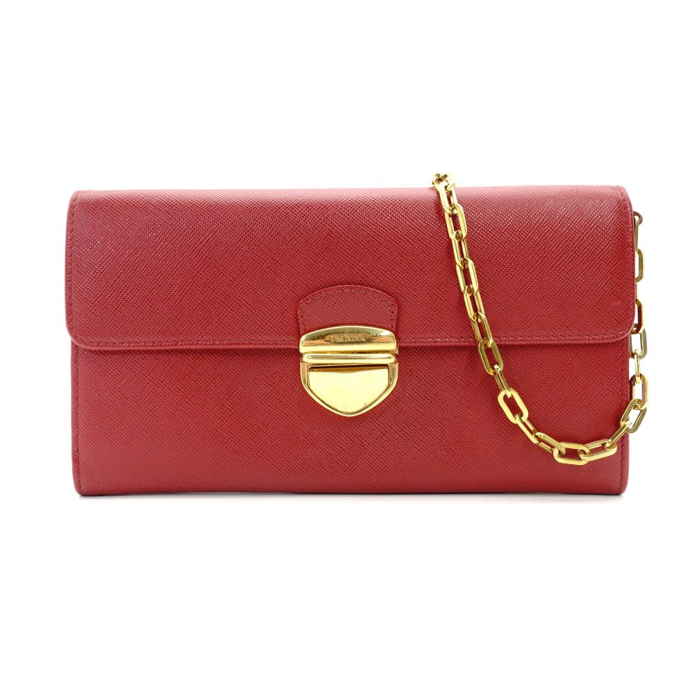 PRADA Saffiano Leather Chain Shoulder Bag Red Leather Crossbody Gold Hardware 7-9-736