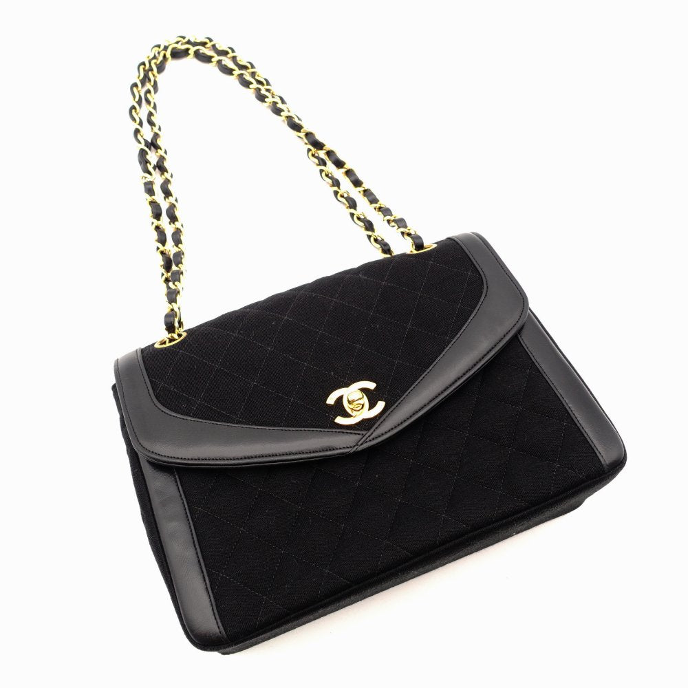 CHANEL Matelassé Chain Shoulder Bag Black Cotton Black Gold Hardware Crossbody 7-11-372