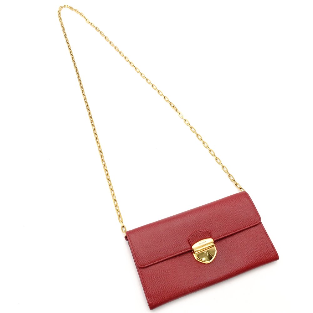 PRADA Saffiano Leather Chain Shoulder Bag Red Leather Crossbody Gold Hardware 7-9-736