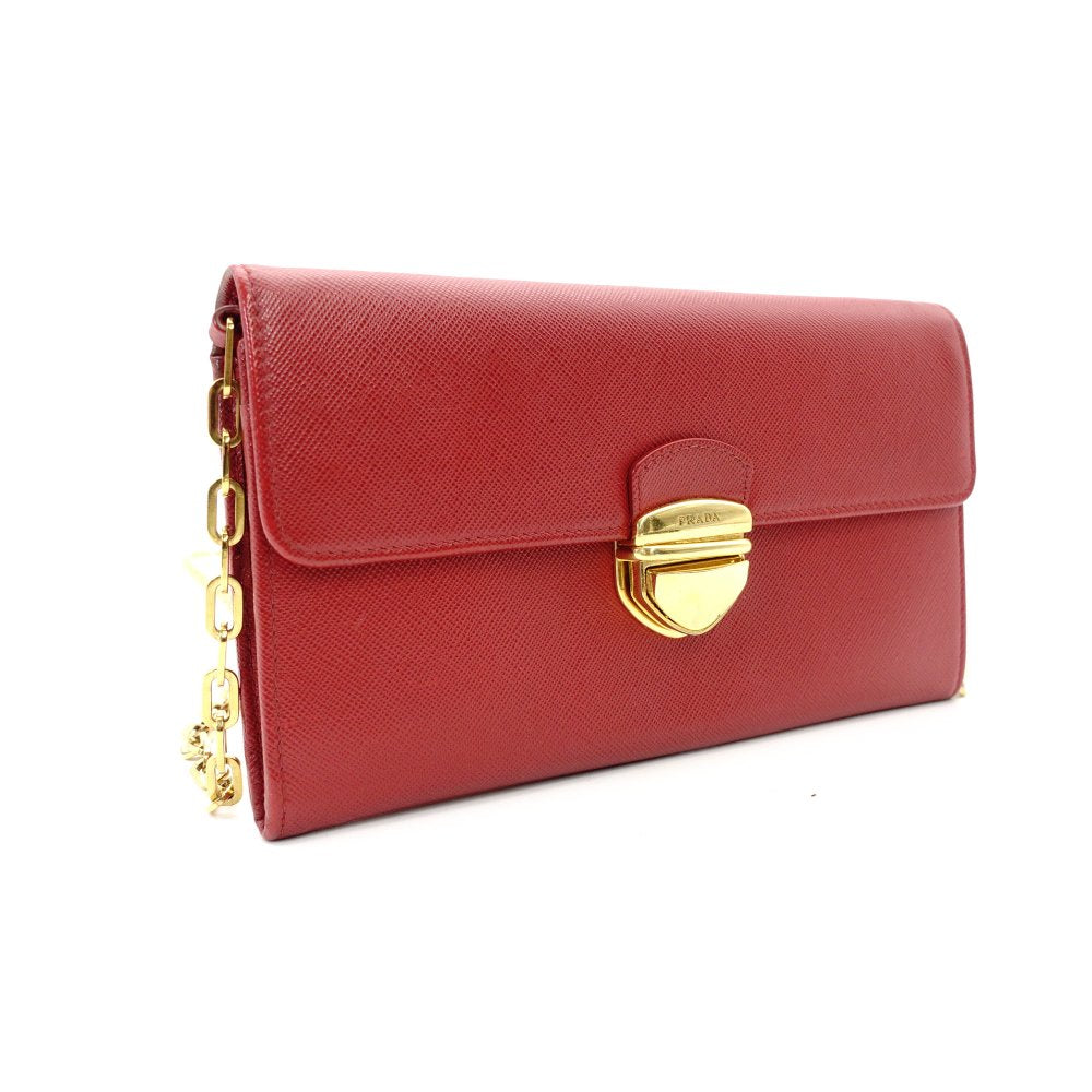 PRADA Saffiano Leather Chain Shoulder Bag Red Leather Crossbody Gold Hardware 7-9-736