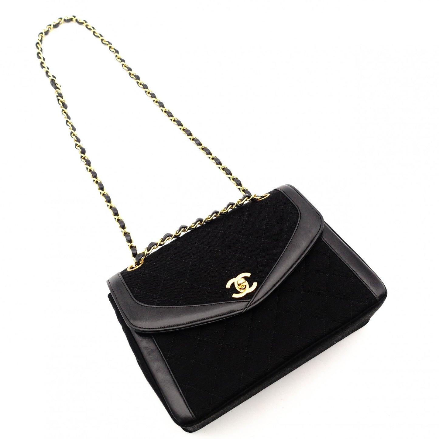 CHANEL Matelassé Chain Shoulder Bag Black Cotton Black Gold Hardware Crossbody 7-11-372