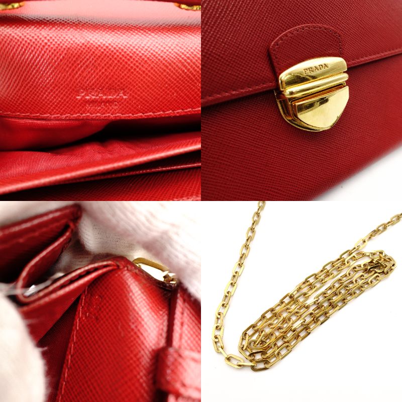 PRADA Saffiano Leather Chain Shoulder Bag Red Leather Crossbody Gold Hardware 7-9-736
