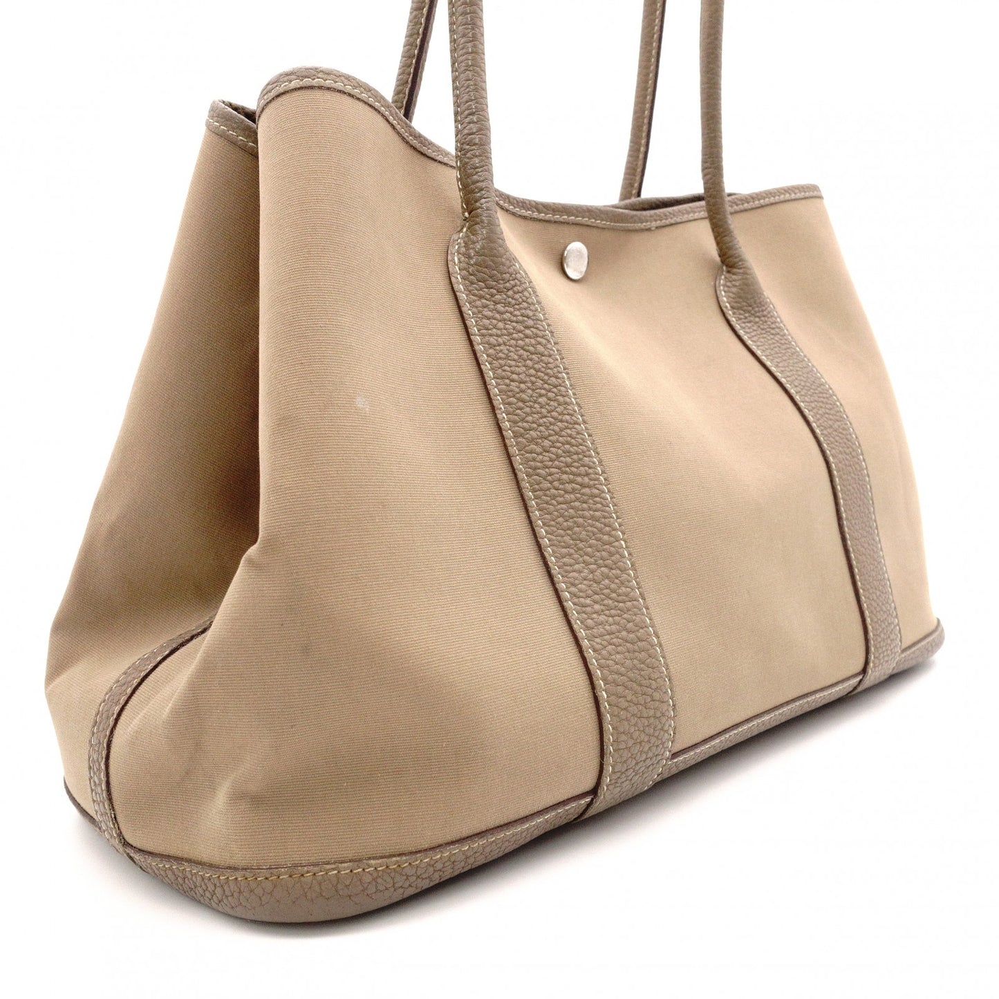 HERMES Garden Party PM Tote Bag, Canvas and Leather, Brown, Shoulder Bag, □〇 Engraving