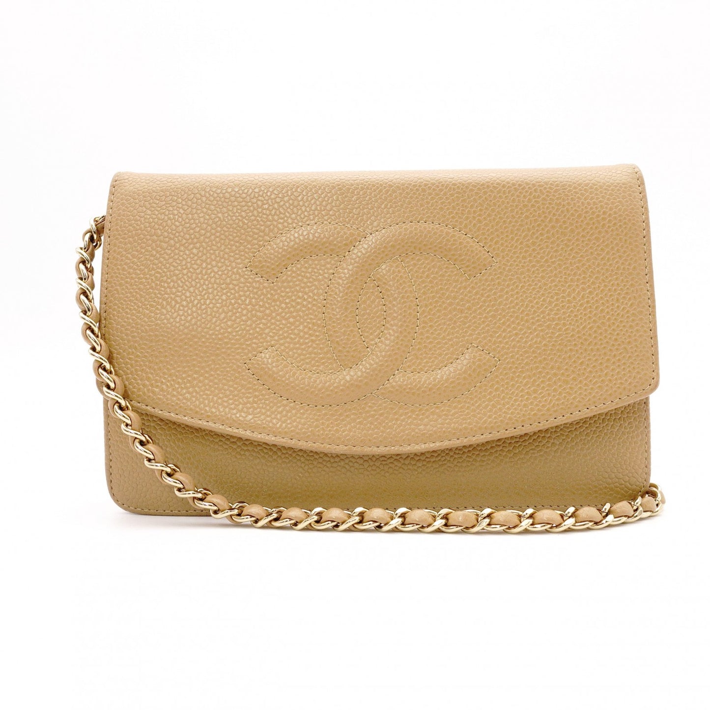 CHANEL Wallet Chain Shoulder Bag, Leather, Beige, Gold Hardware