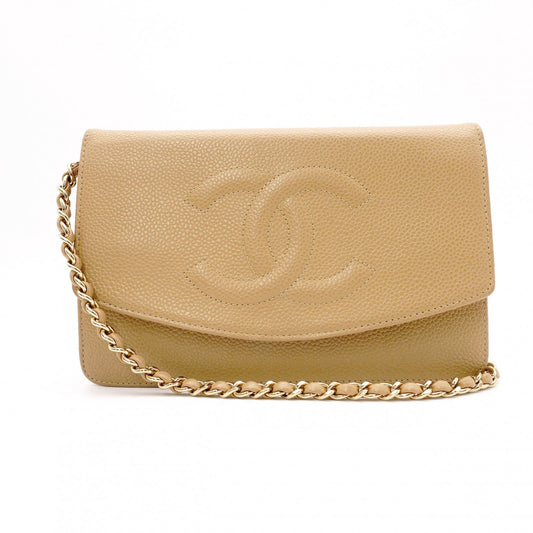 CHANEL Wallet Chain Shoulder Bag, Leather, Beige, Gold Hardware