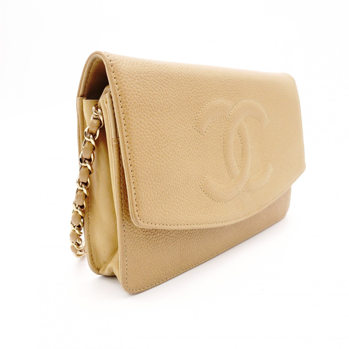 CHANEL Wallet Chain Shoulder Bag, Leather, Beige, Gold Hardware
