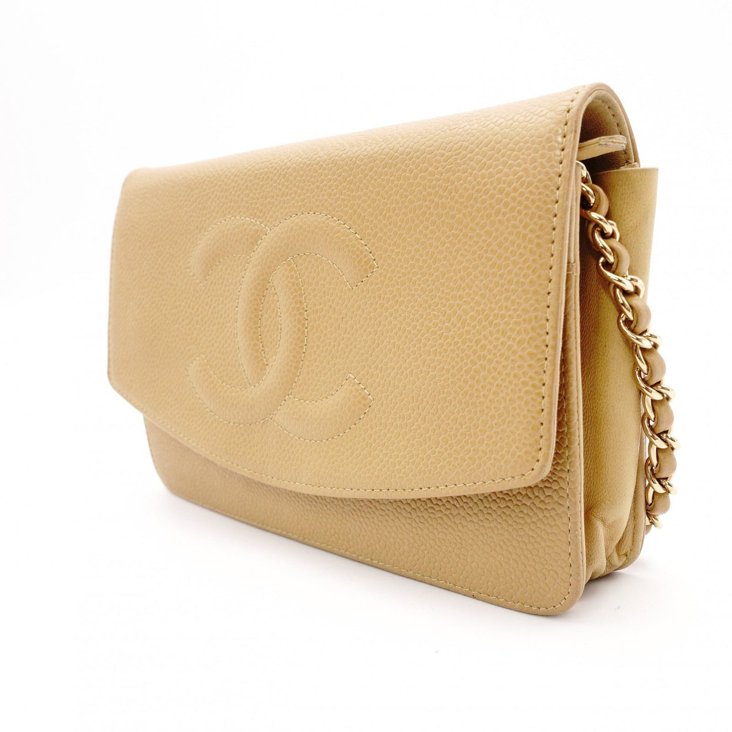 CHANEL Wallet Chain Shoulder Bag, Leather, Beige, Gold Hardware