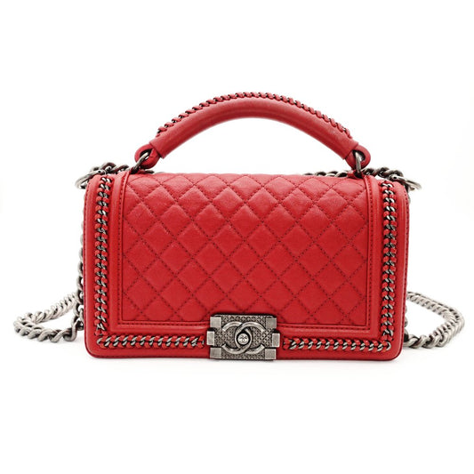 CHANEL Boy Chanel Top Handle 25 Red Leather Red 2-Way Handbag Crossbody 7-9-596