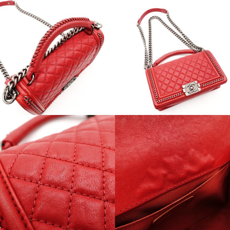 CHANEL Boy Chanel Top Handle 25 Red Leather Red 2-Way Handbag Crossbody 7-9-596