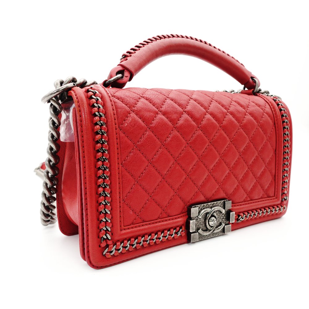 CHANEL Boy Chanel Top Handle 25 Red Leather Red 2-Way Handbag Crossbody 7-9-596
