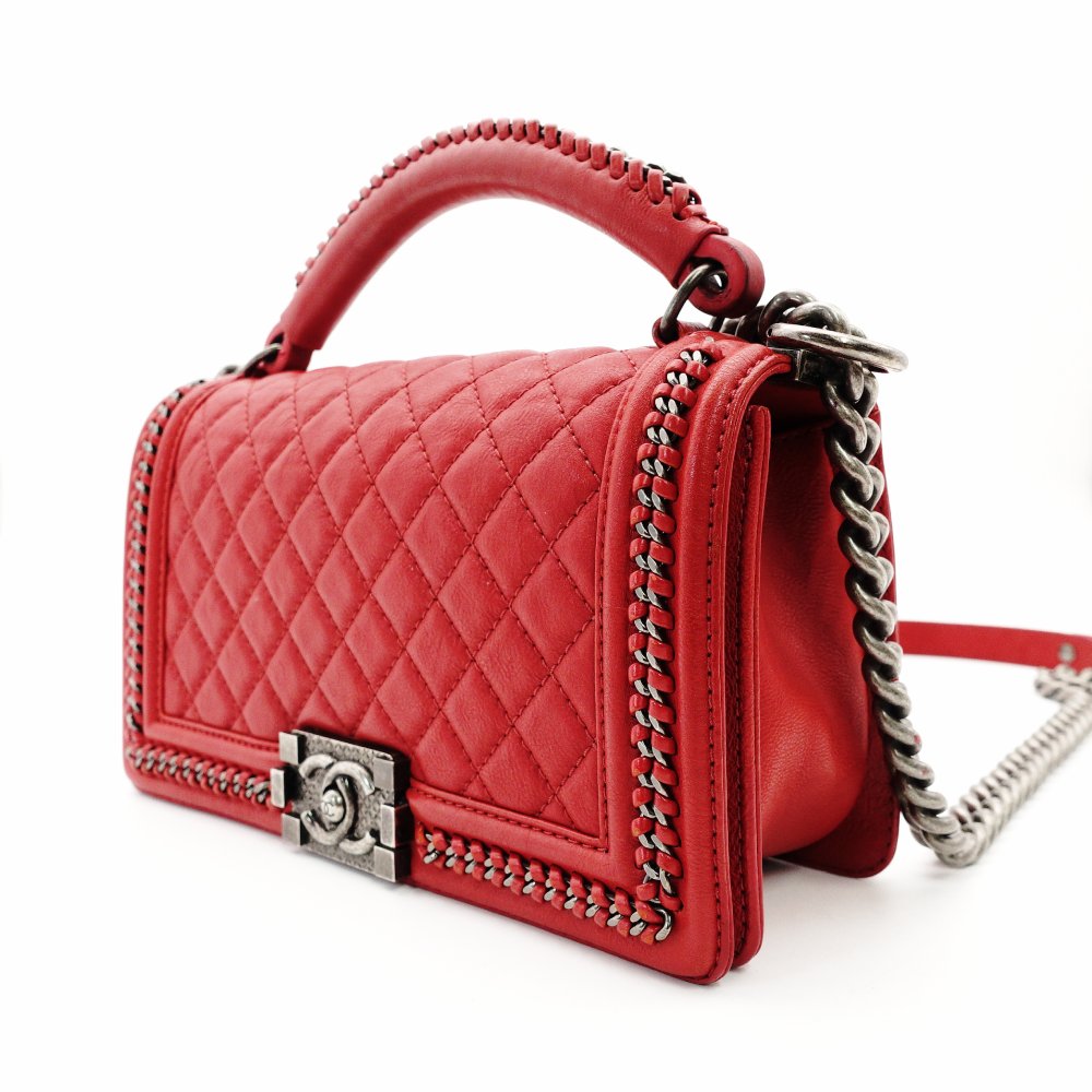 CHANEL Boy Chanel Top Handle 25 Red Leather Red 2-Way Handbag Crossbody 7-9-596