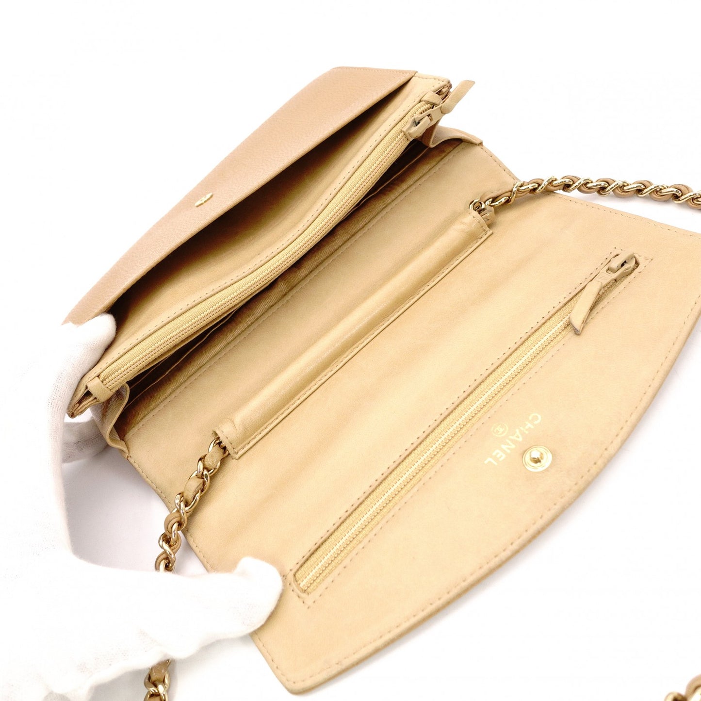CHANEL Wallet Chain Shoulder Bag, Leather, Beige, Gold Hardware