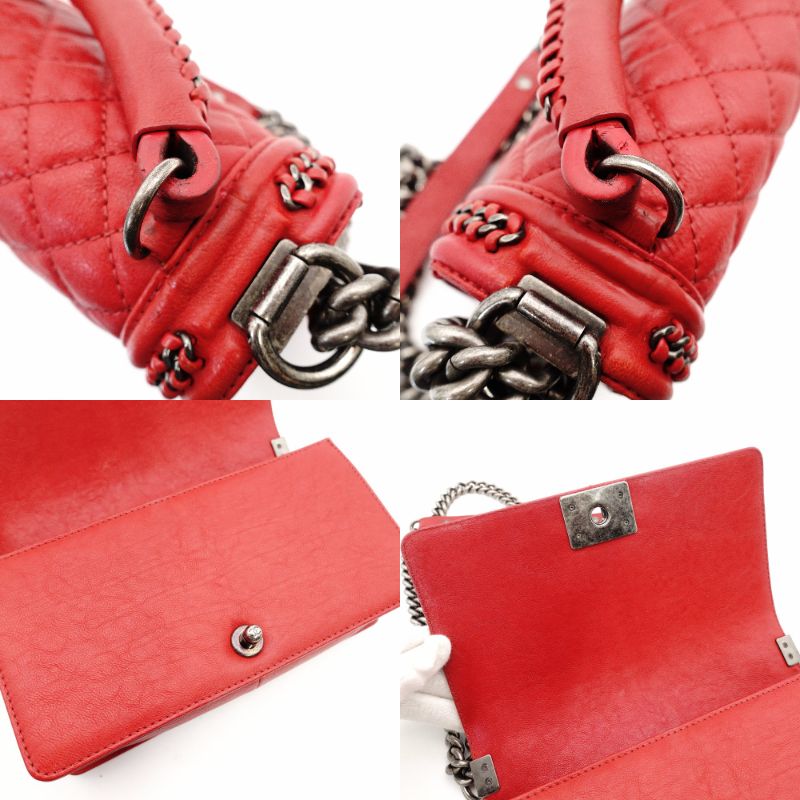 CHANEL Boy Chanel Top Handle 25 Red Leather Red 2-Way Handbag Crossbody 7-9-596