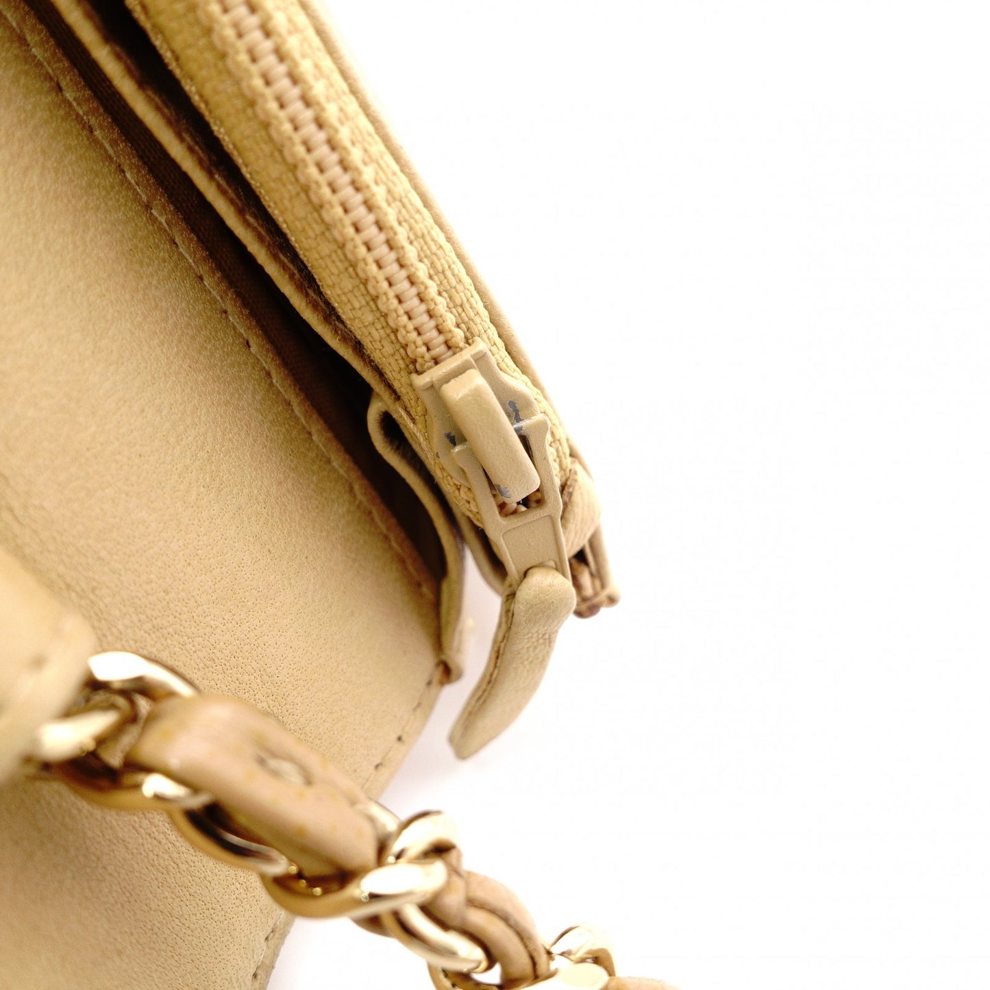 CHANEL Wallet Chain Shoulder Bag, Leather, Beige, Gold Hardware