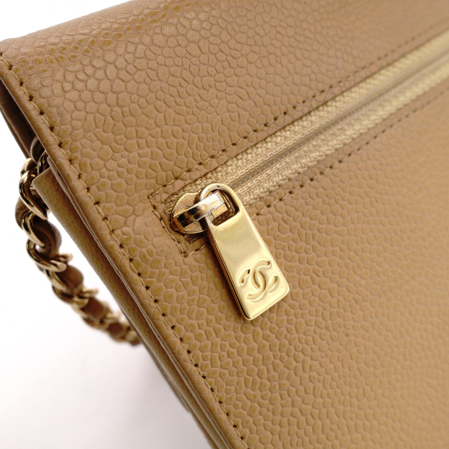 CHANEL Wallet Chain Shoulder Bag, Leather, Beige, Gold Hardware