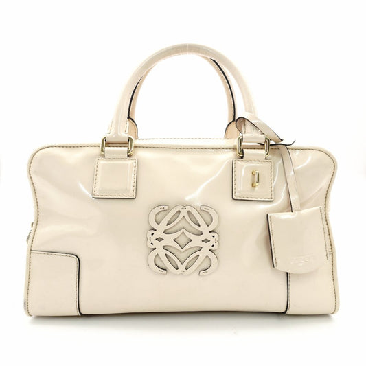 LOEWE Amazona 28 Handbag Beige Patent Leather Ivory Logo 7-11-829