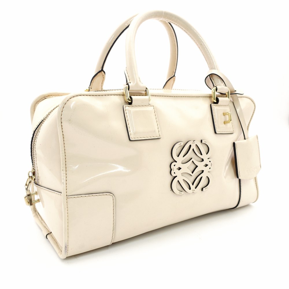LOEWE Amazona 28 Handbag Beige Patent Leather Ivory Logo 7-11-829