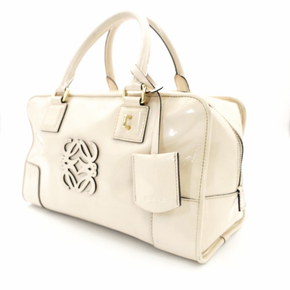 LOEWE Amazona 28 Handbag Beige Patent Leather Ivory Logo 7-11-829