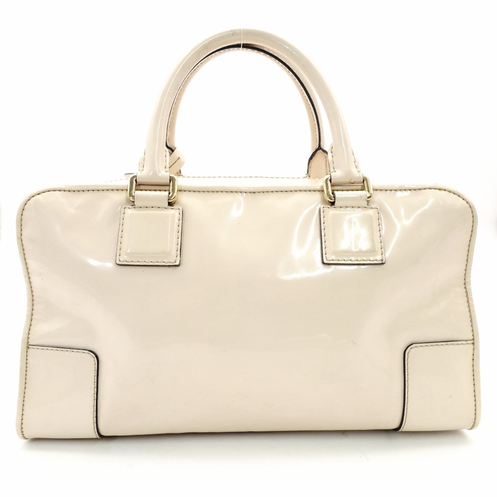 LOEWE Amazona 28 Handbag Beige Patent Leather Ivory Logo 7-11-829