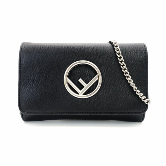 FENDI Effiz Chain Shoulder Bag Black Leather F Logo Crossbody Black Silver Hardware 7-11-476