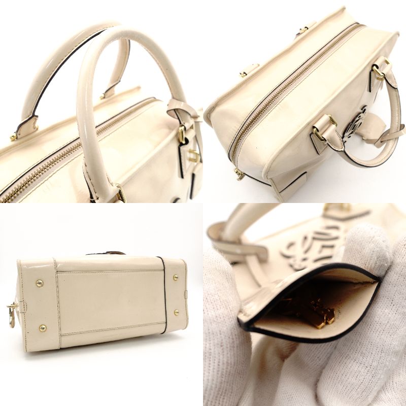 LOEWE Amazona 28 Handbag Beige Patent Leather Ivory Logo 7-11-829