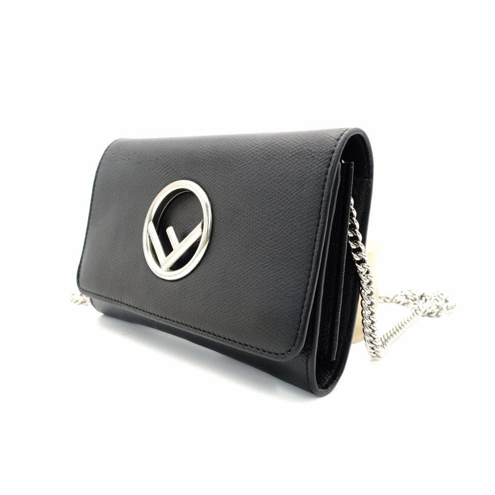 FENDI Effiz Chain Shoulder Bag Black Leather F Logo Crossbody Black Silver Hardware 7-11-476