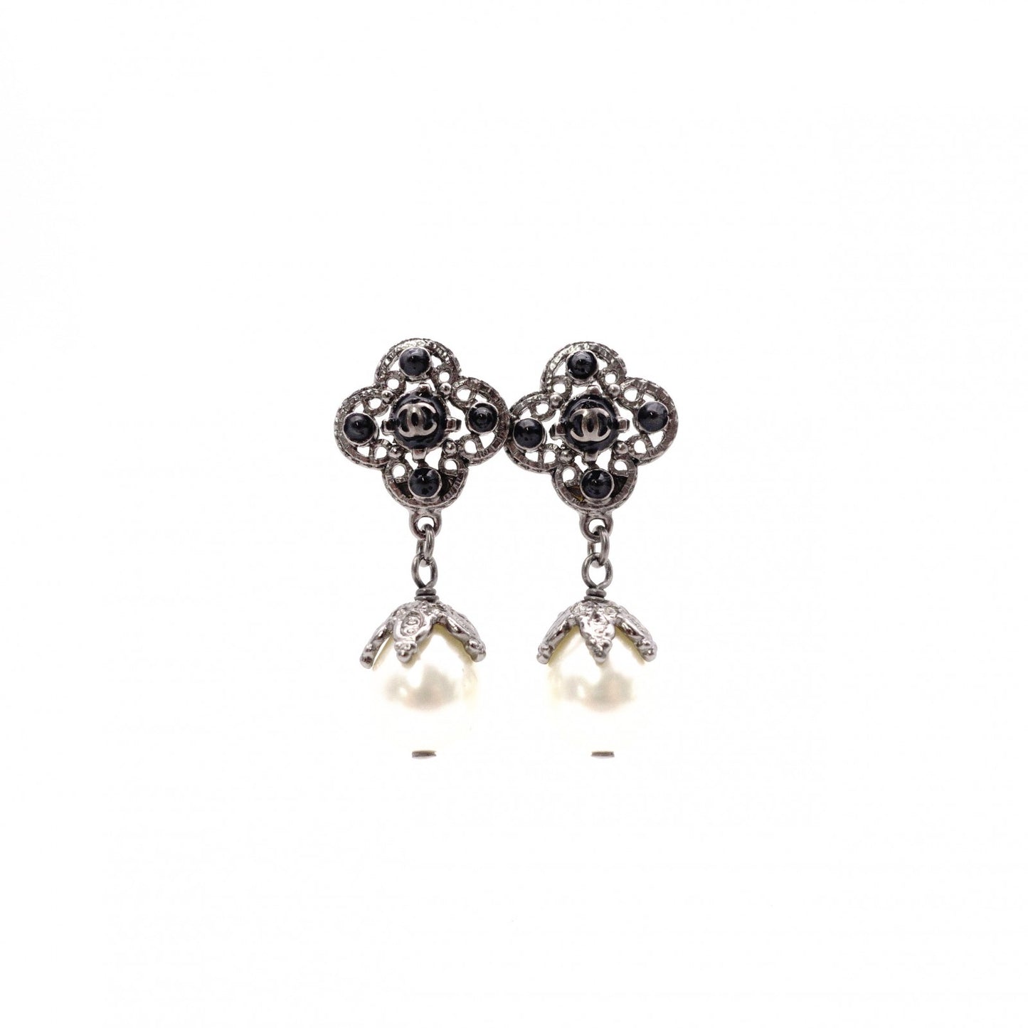 CHANEL Earrings, Metal, Rhinestones, Faux Pearls, Gunmetal Silver