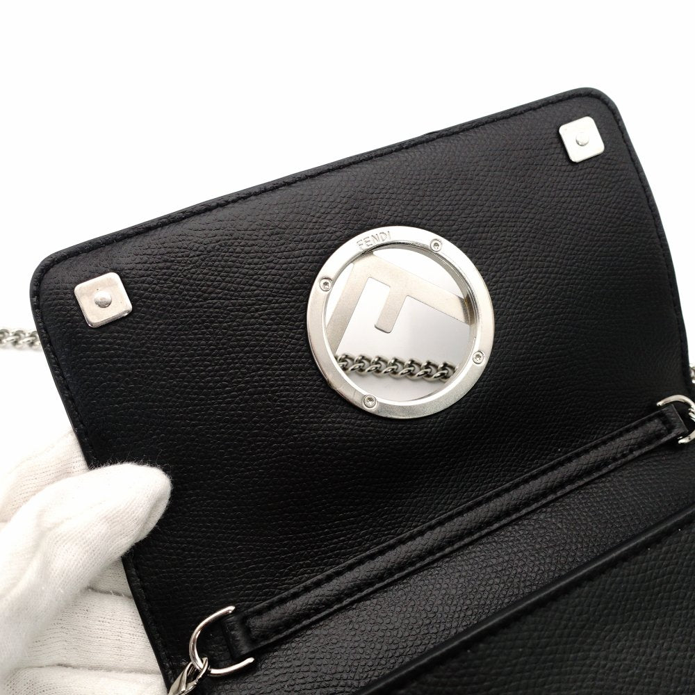 FENDI Effiz Chain Shoulder Bag Black Leather F Logo Crossbody Black Silver Hardware 7-11-476