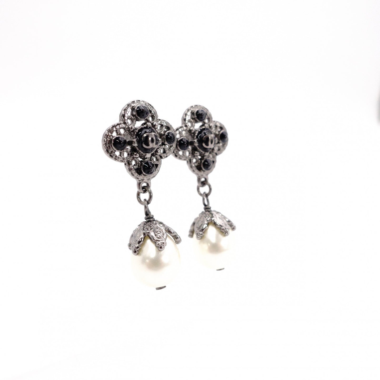 CHANEL Earrings, Metal, Rhinestones, Faux Pearls, Gunmetal Silver