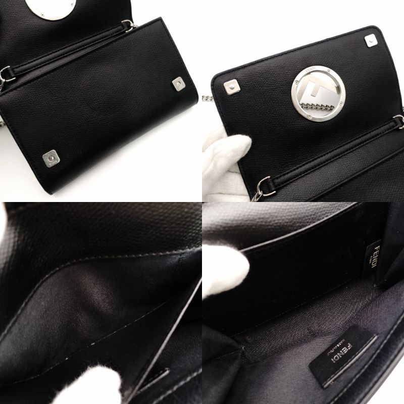 FENDI Effiz Chain Shoulder Bag Black Leather F Logo Crossbody Black Silver Hardware 7-11-476