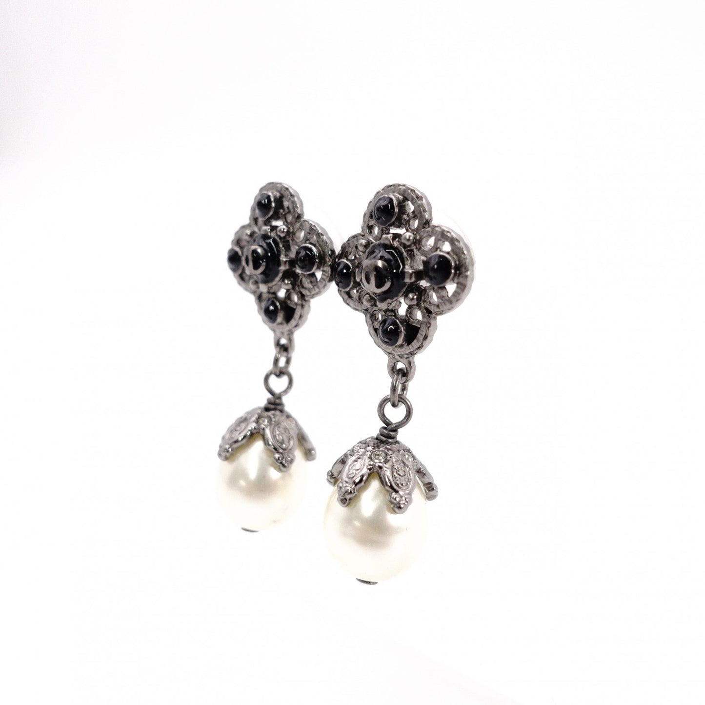 CHANEL Earrings, Metal, Rhinestones, Faux Pearls, Gunmetal Silver