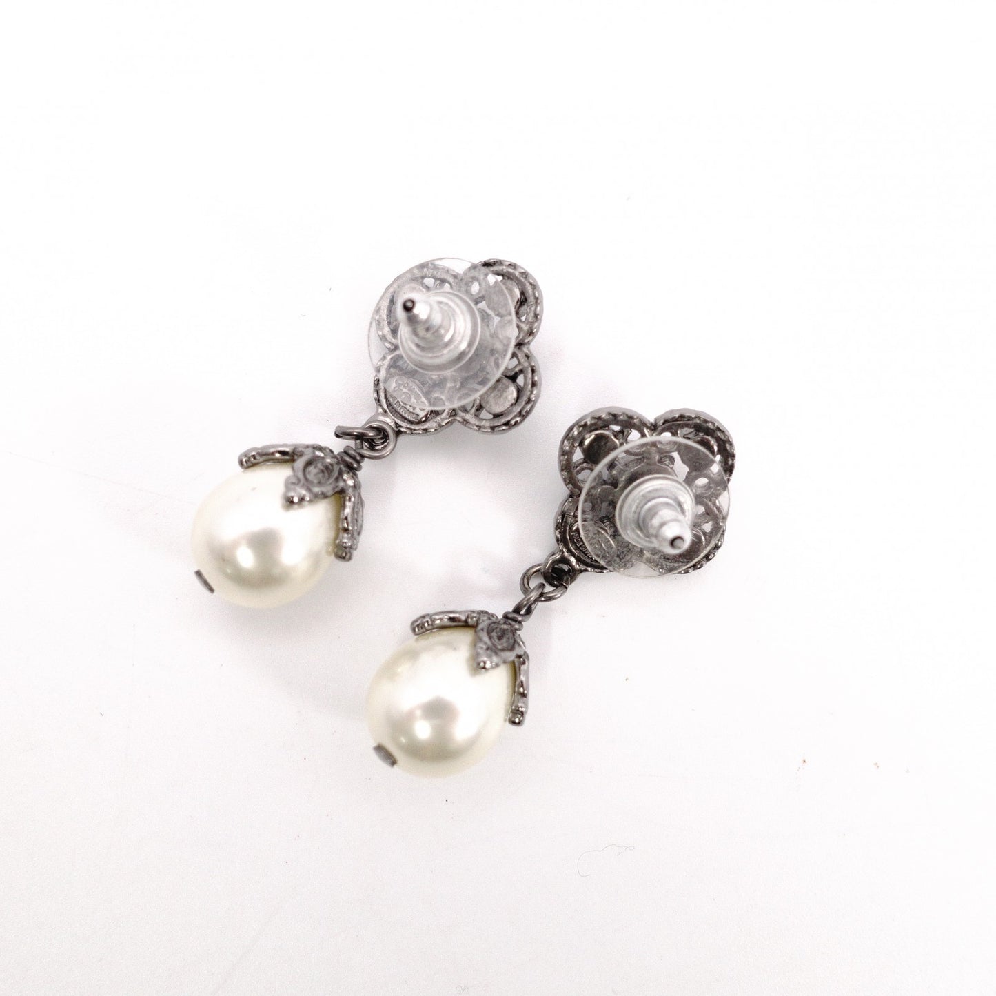 CHANEL Earrings, Metal, Rhinestones, Faux Pearls, Gunmetal Silver