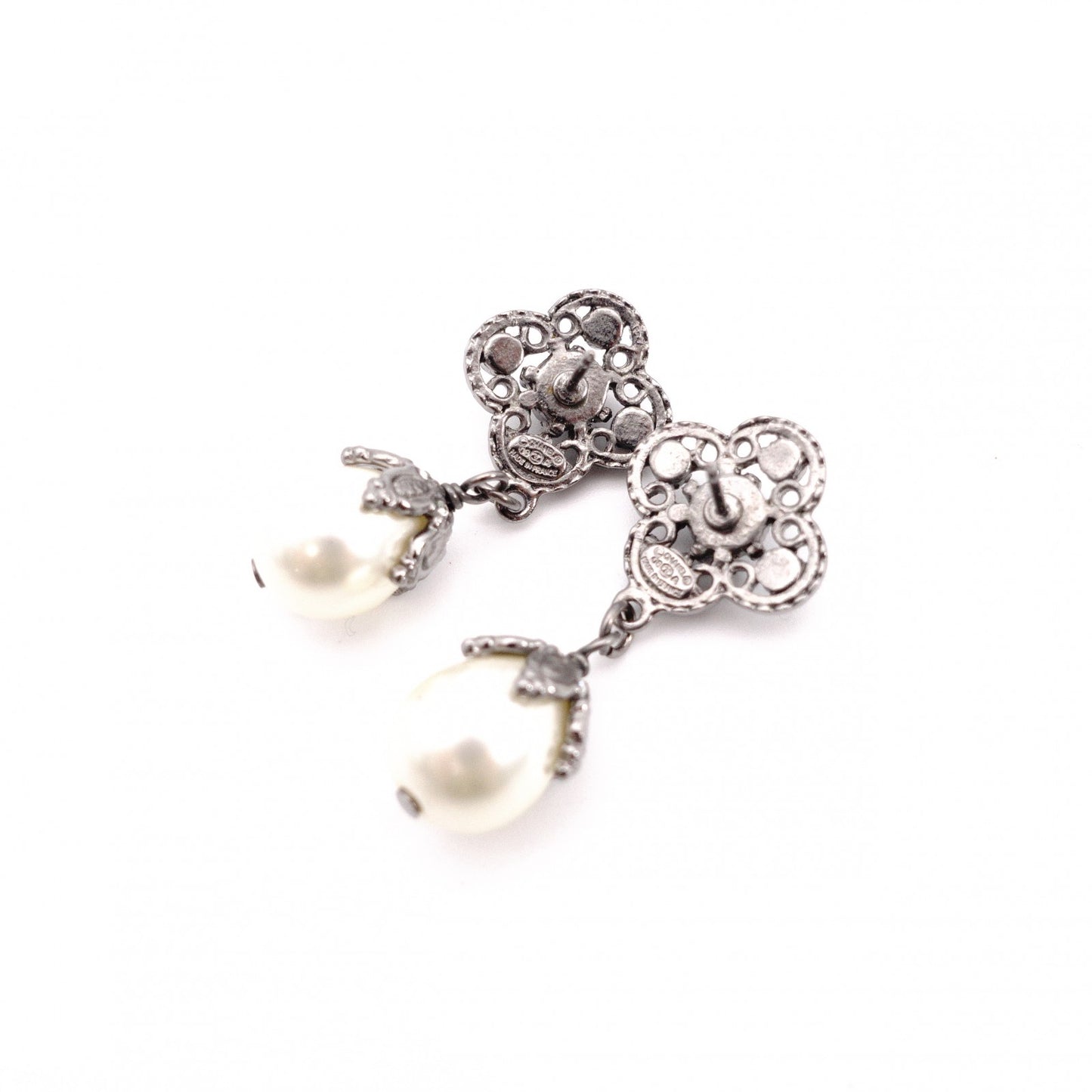 CHANEL Earrings, Metal, Rhinestones, Faux Pearls, Gunmetal Silver