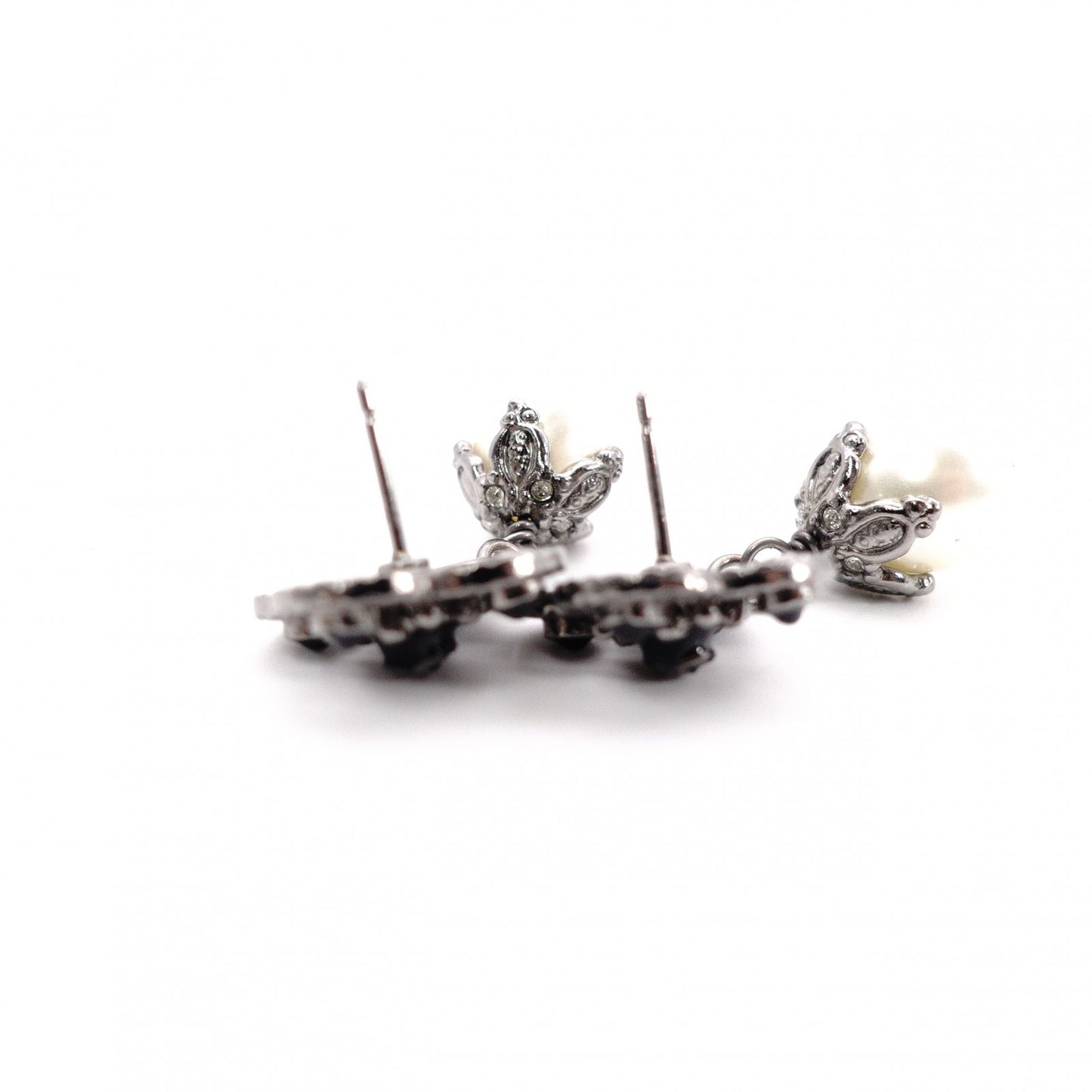 CHANEL Earrings, Metal, Rhinestones, Faux Pearls, Gunmetal Silver