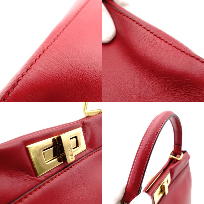 FENDI Peekaboo Handbag 2-Way Leather Red Shoulder Bag Red Gold Hardware 7-11-477