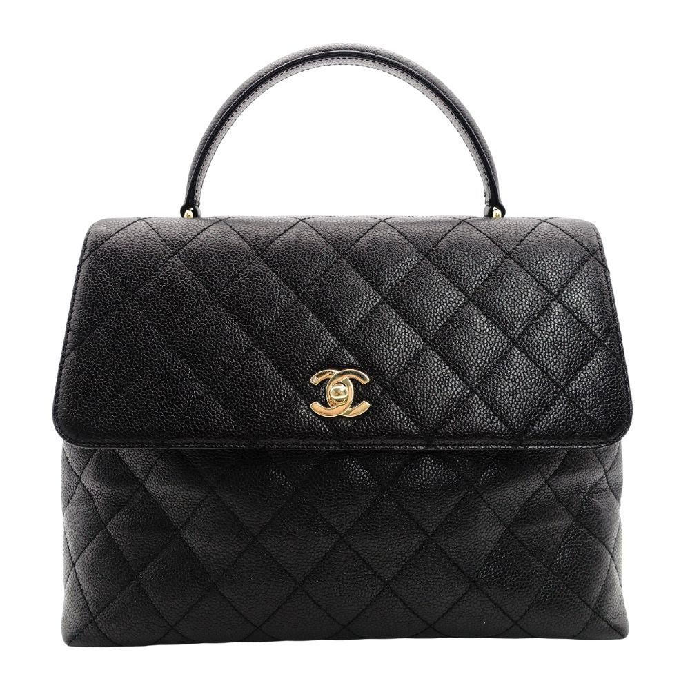CHANEL Matelassé Top Handle Handbag Black Caviar Skin Black A21397 Gold Hardware 7-9-604