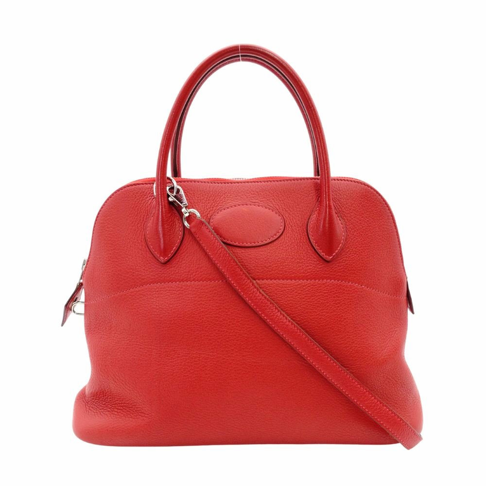HERMES Bolide 31 Leather Handbag Red 2-Way □I Stamped Shoulder Strap Silver Hardware 7-10-527