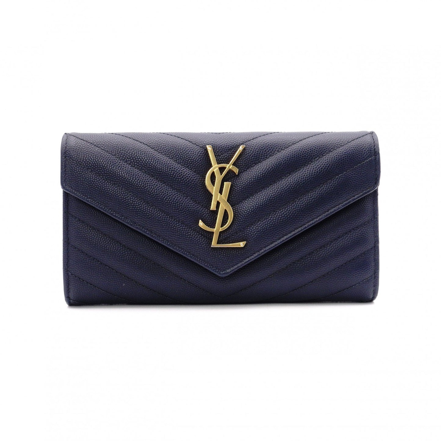 SAINT LAURENT Cassandra Long Wallet, Leather, Navy, Gold Hardware