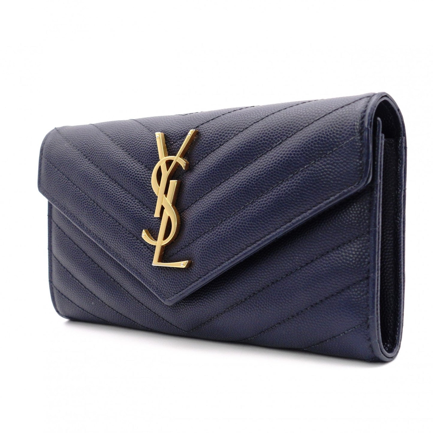 SAINT LAURENT Cassandra Long Wallet, Leather, Navy, Gold Hardware